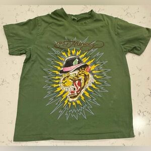 Y2K‎ Ed Hardy Lightning Bolts Derby Hat Tiger Mens Green T-Shirt Size Large